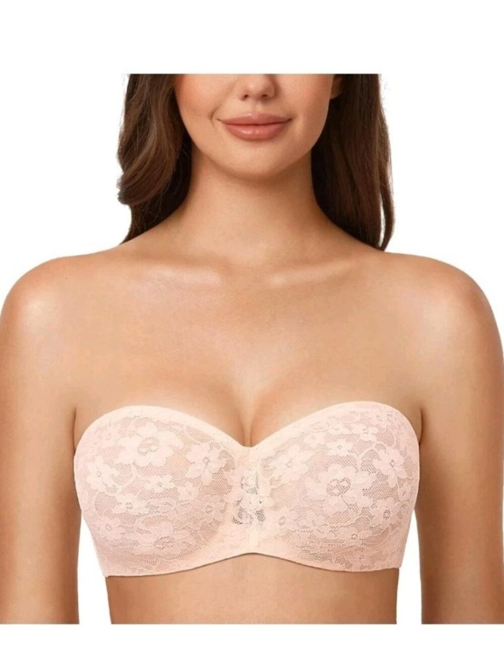 DELIMIRA Womens 34F Lace Strapless Bra Unlined Underwire Apricot Pink W592H NWOT